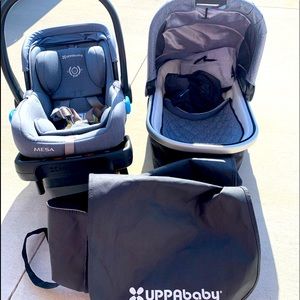 Uppababy Mesa infant car seat, base, and bassinet.